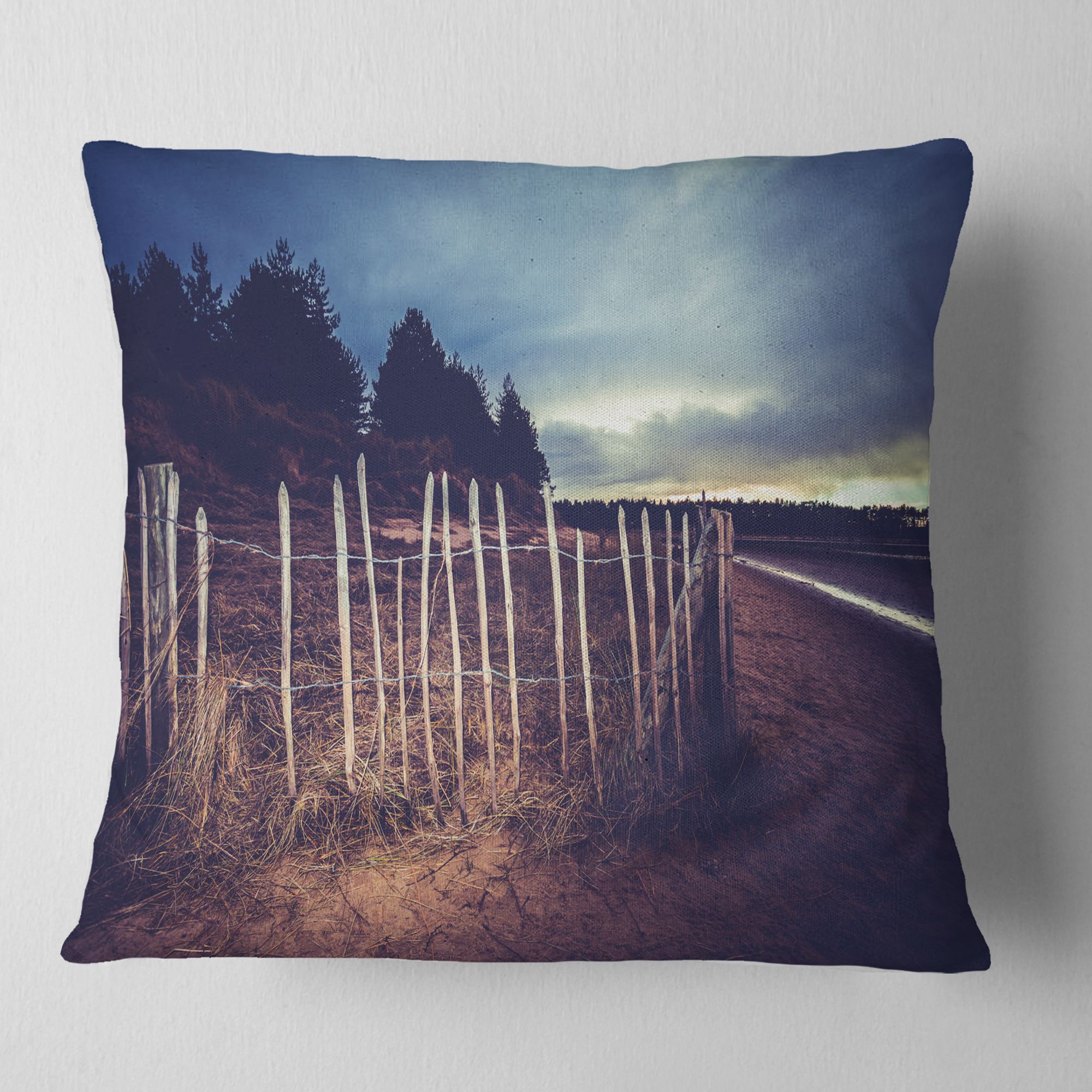 Designart Old Fence on Beach at Sunset - Landscape Printed Throw Pillow - 16x16