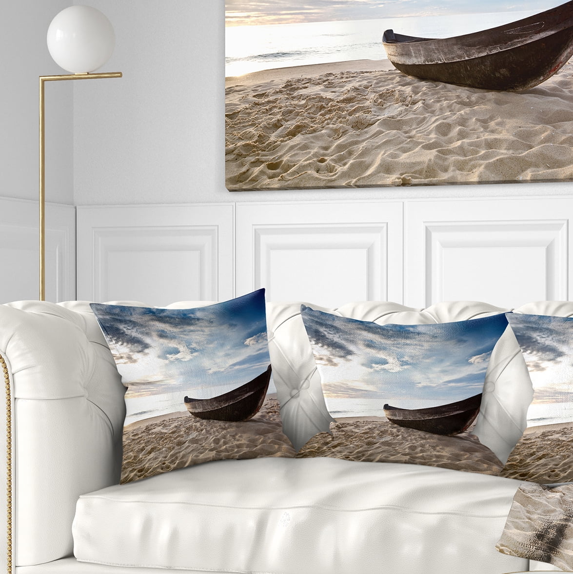 Designart Old Fisherman Boat - Seashore Photography Throw Pillow - 16x16