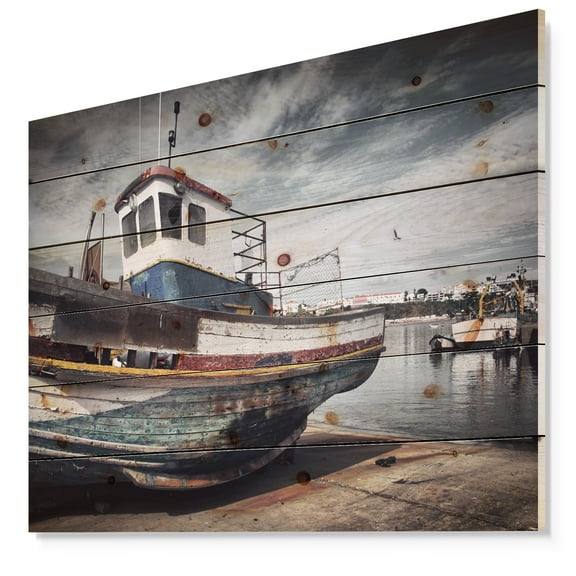 Designart 'Old Fishing Boat' Boat Print on Natural Pine Wood