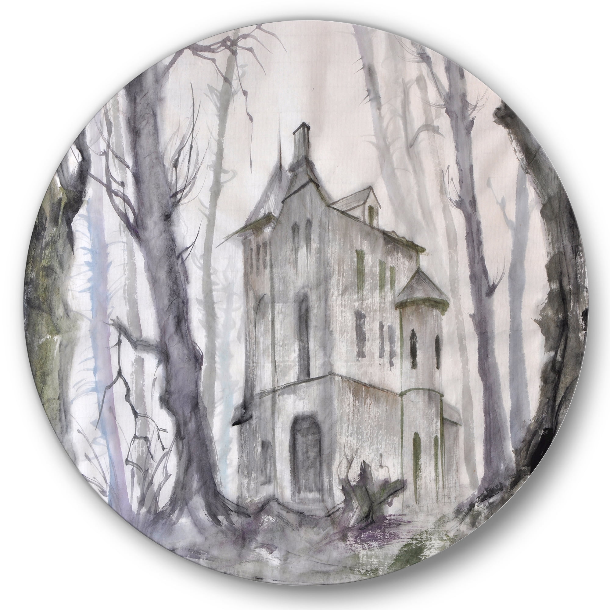 Designart 'Old Haunted Castle In The Woods' Traditional Circle Metal Wall Art 11x11 - Disc of 11