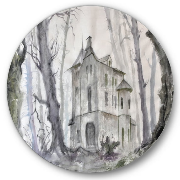 Designart 'Old Haunted Castle In The Woods' Traditional Circle Metal Wall Art 23x23 - Disc of 23