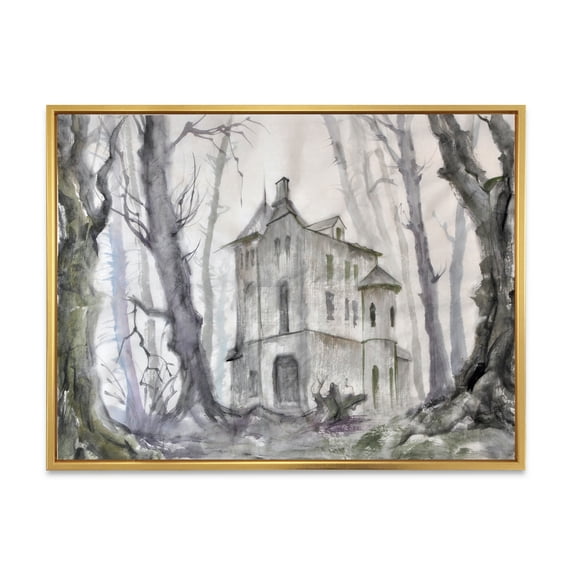 Designart 'Old Haunted Castle In The Woods' Traditional Framed Canvas Wall Art Print