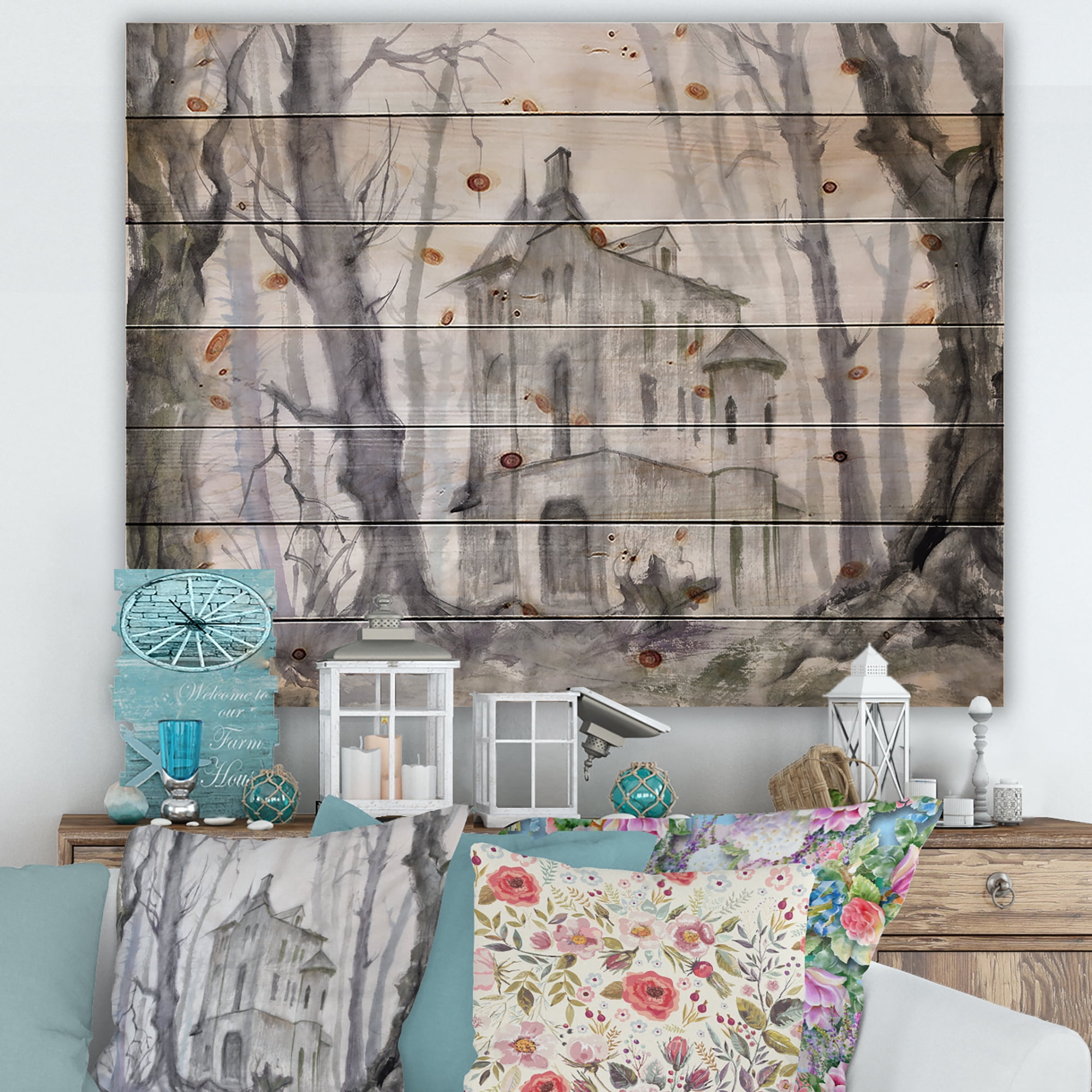 Designart 'Old Haunted Castle In The Woods' Traditional Print on Natural Pine Wood