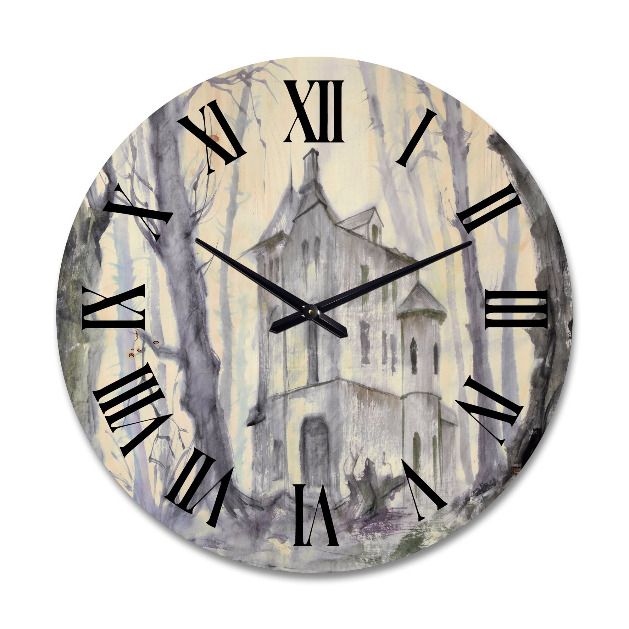 Designart 'Old Haunted Castle In The Woods' Traditional Wood Wall Clock