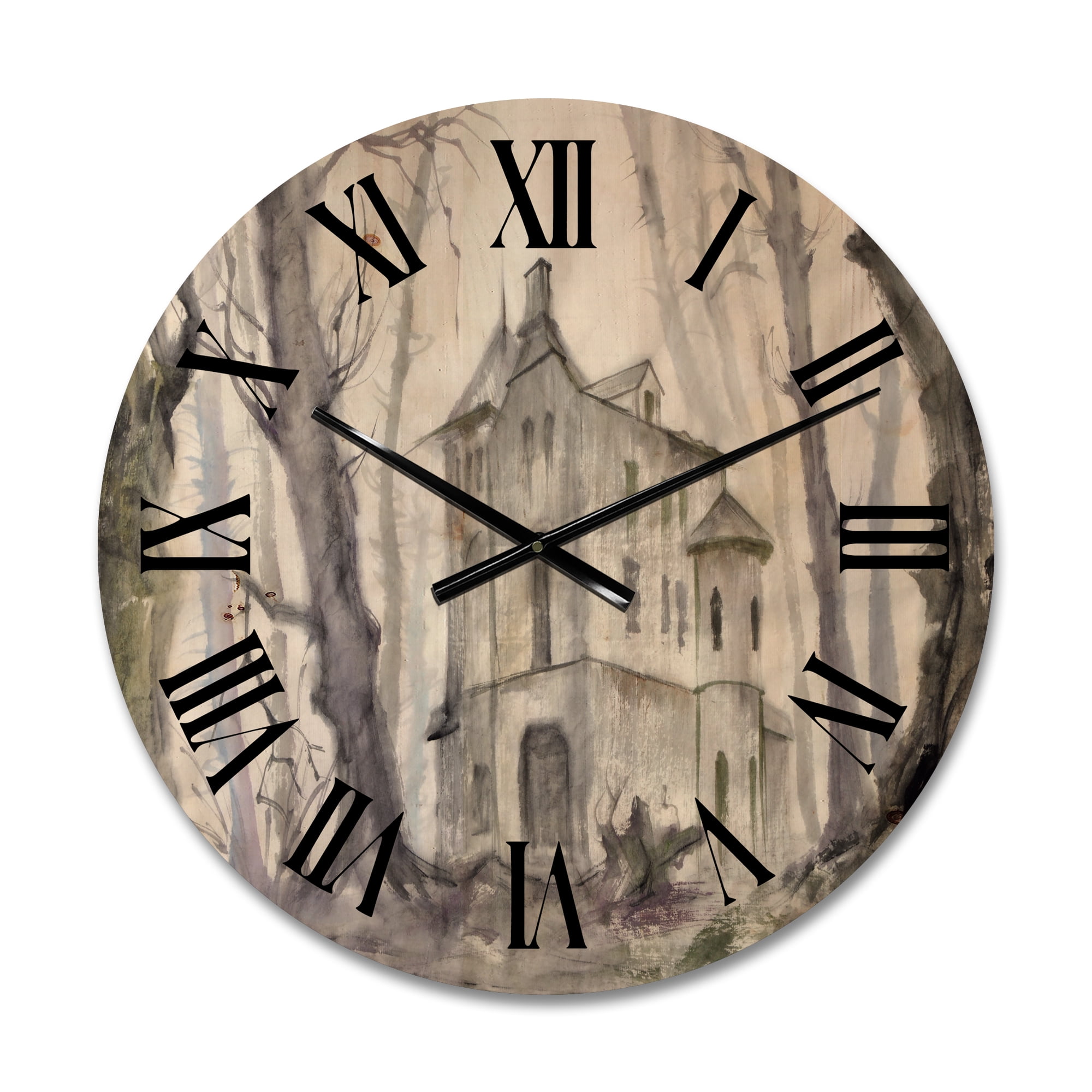 Designart 'Old Haunted Castle In The Woods' Traditional Wood Wall Clock