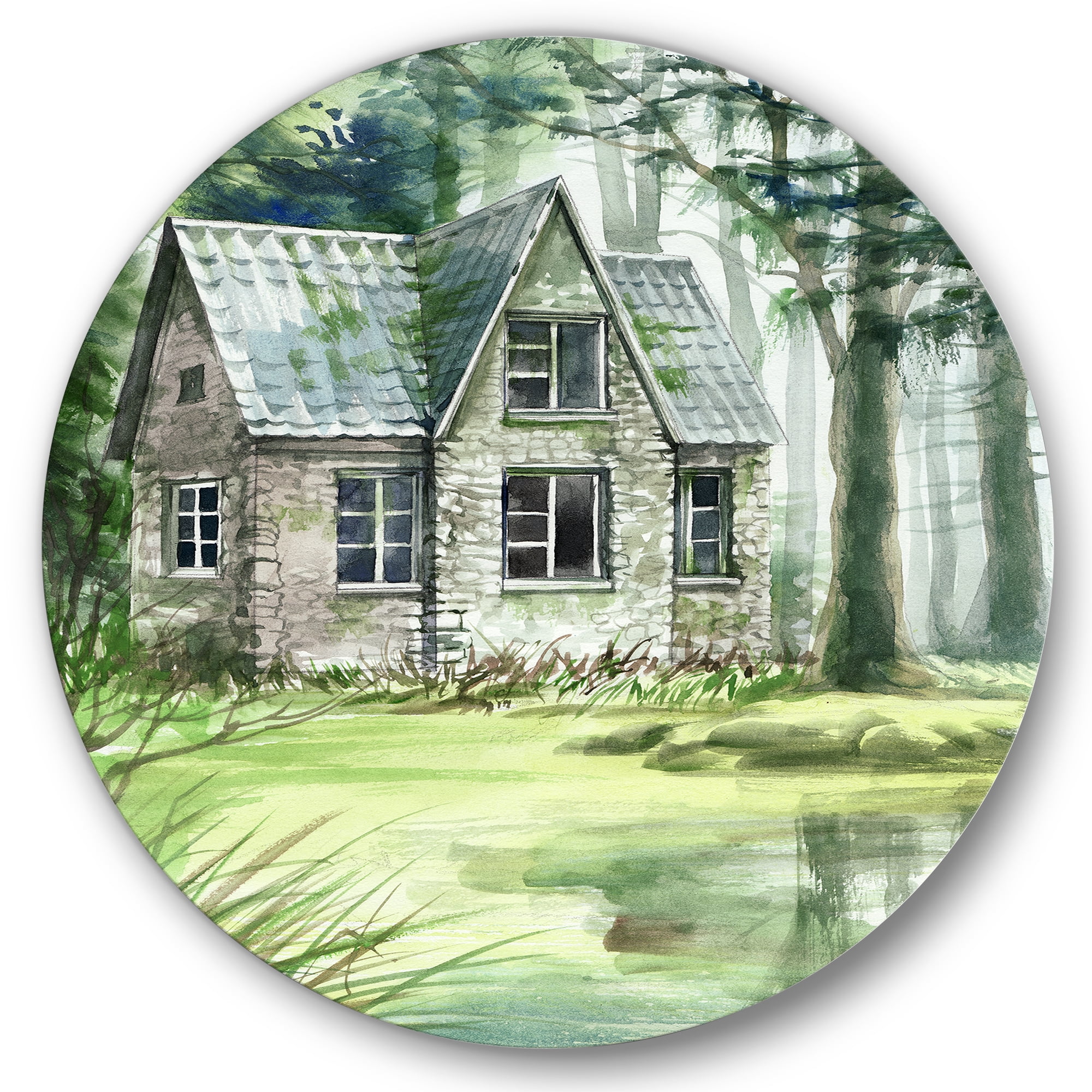 Designart 'Old Haunted House In The Pine Forest' Lake House Circle Metal Wall Art 23x23 - Disc of 23