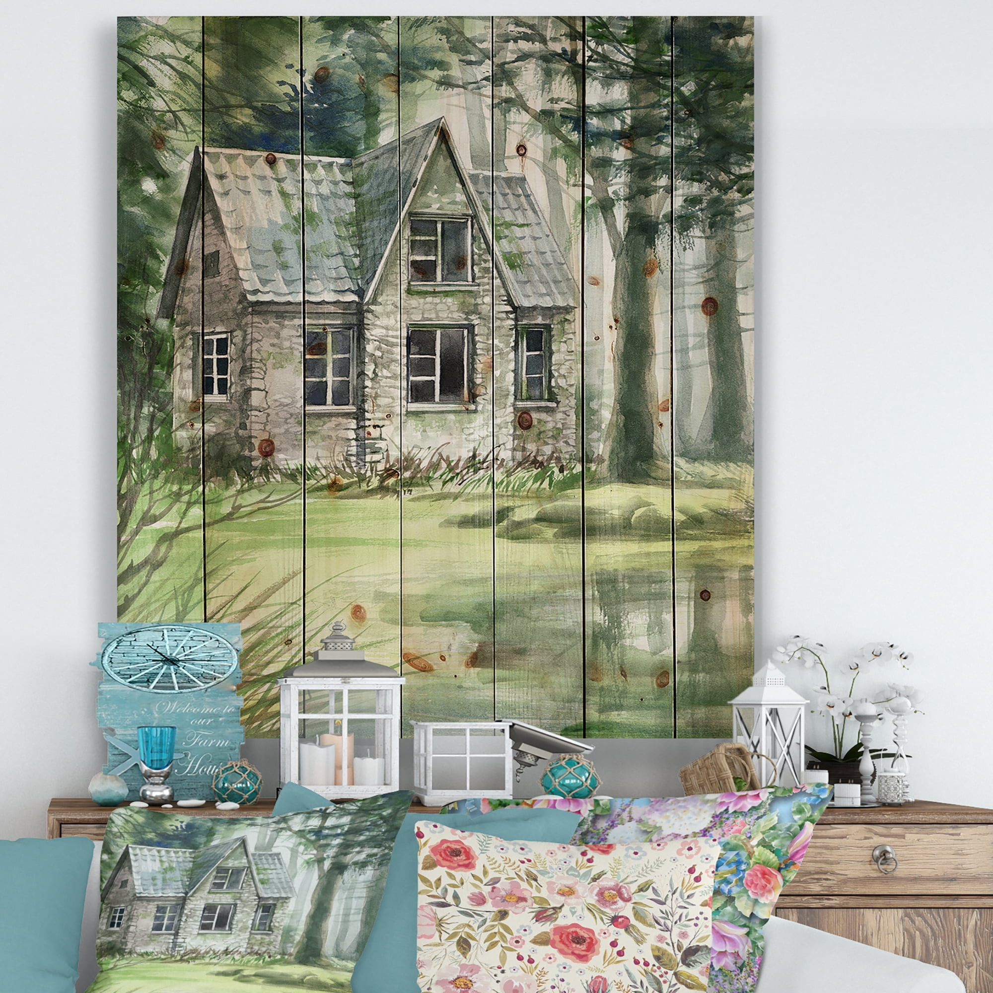Designart 'Old Haunted House In The Pine Forest' Lake House Print on Natural Pine Wood