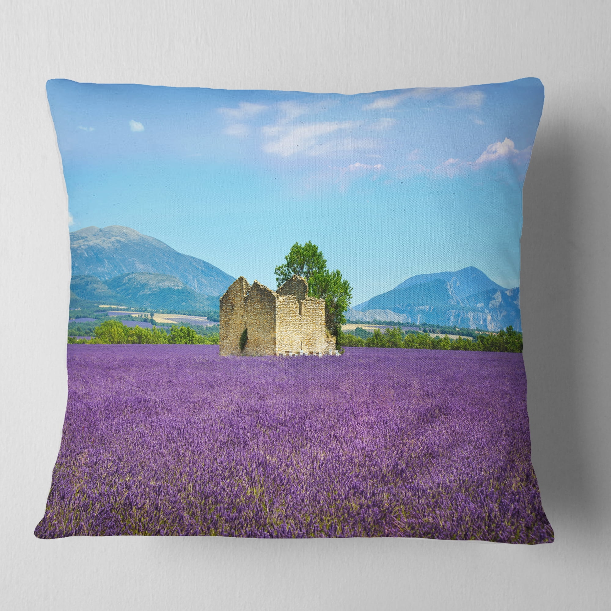 Designart Old House and Tree in Lavender Field - Landscape Wall Throw Pillow - 18x18