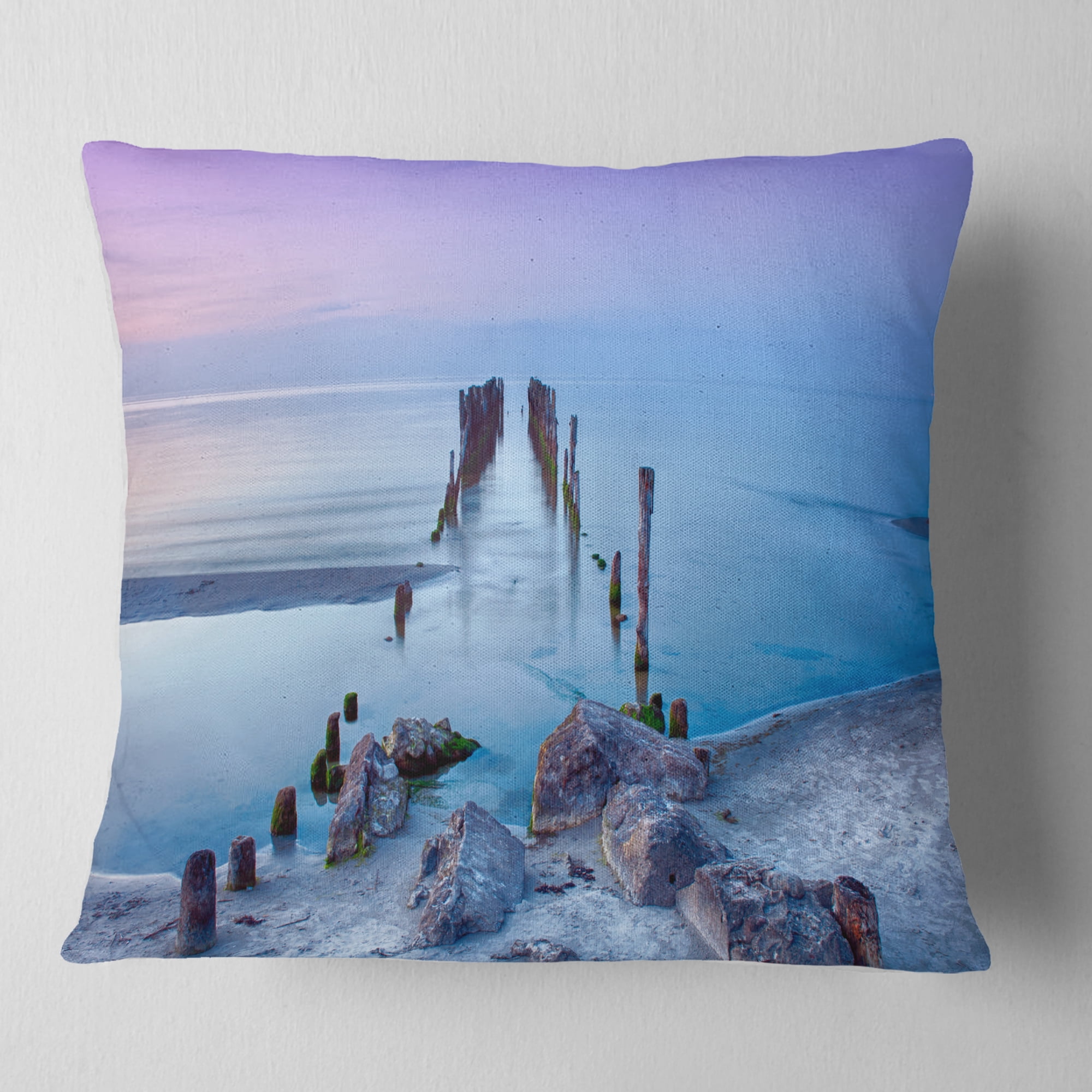 Designart Old Pier and Bridge in Light Blue - Sea Bridge Throw Pillow - 16x16