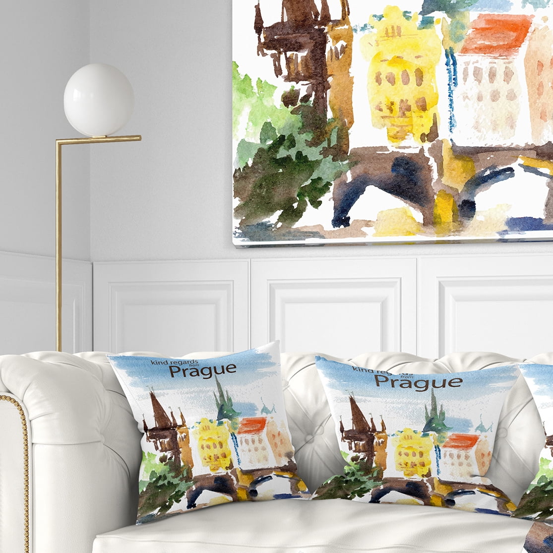 Designart Old Prague Vector Illustration - Cityscape Painting Throw Pillow - 18x18