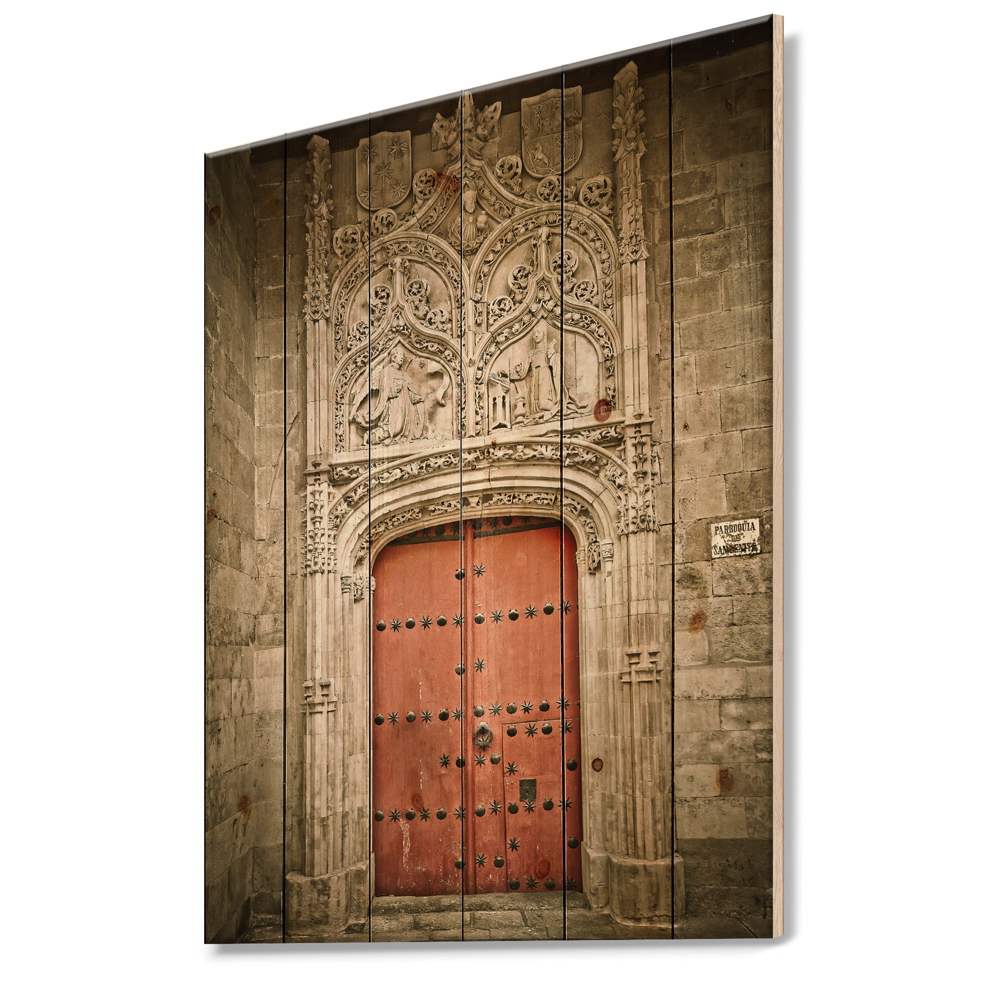 Designart 'Old Red Church Door in Salamanca Spain' Vintage Print on Natural Pine Wood' Vintage Print on Natural Pine Wood