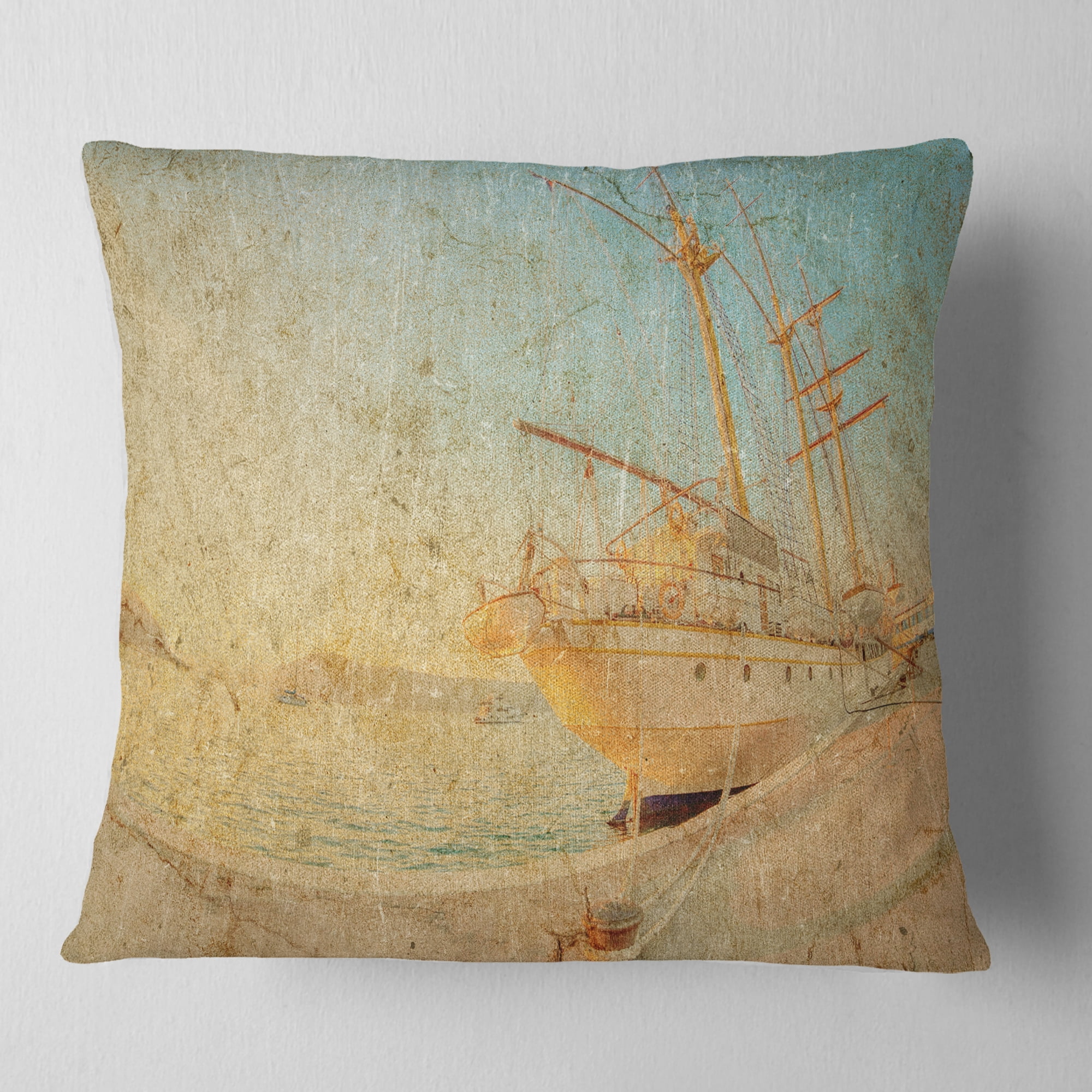 Designart Old Sailing Ship in Sunlight - Seascape Throw Pillow - 16x16