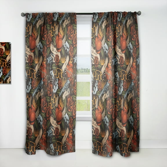 Designart 'Old School Floral Tattoo Pattern' Floral Curtain Panel