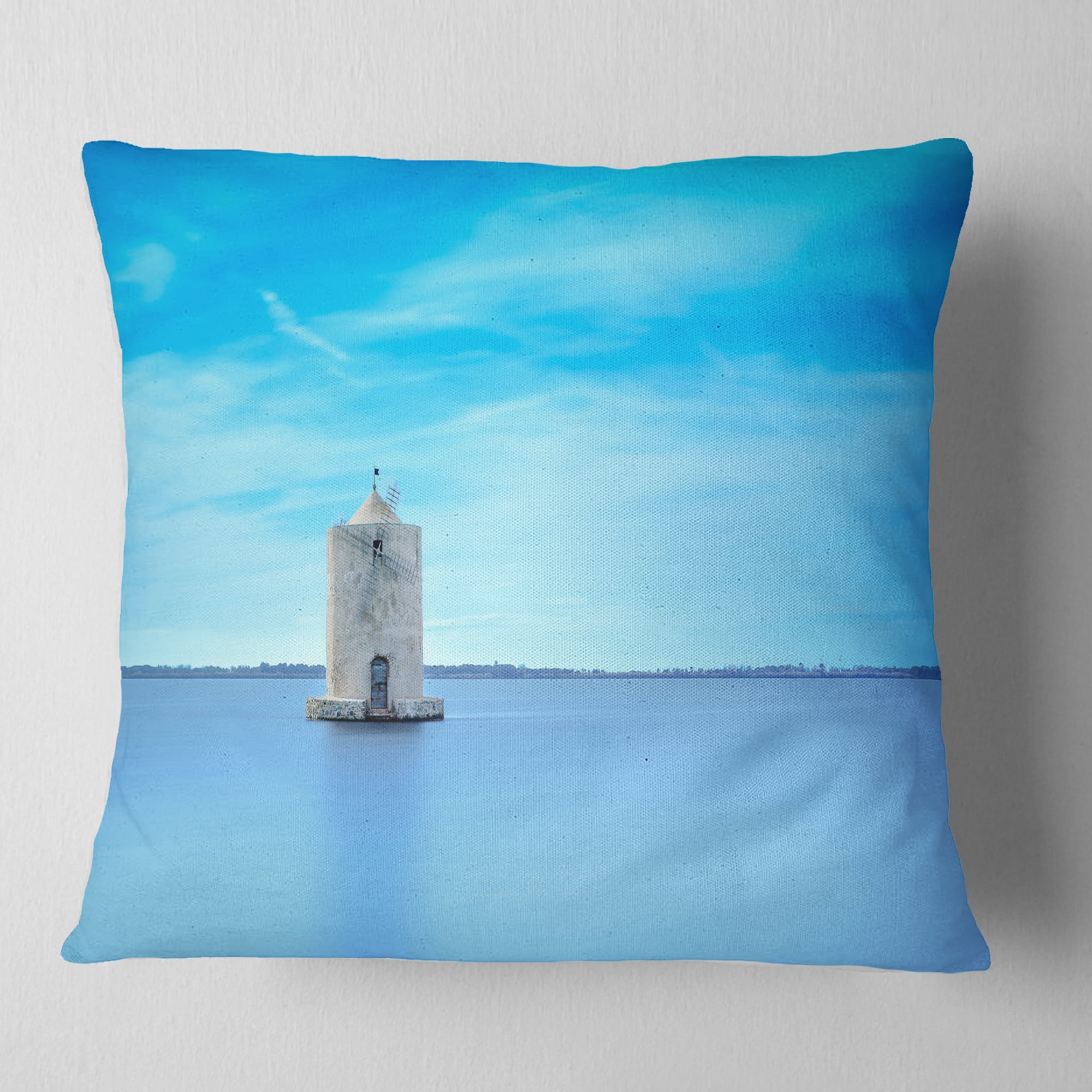Designart Old Spanish Windmill in Blue Lagoon - Seashore Throw Pillow - 18x18