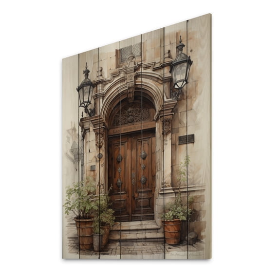 Designart "Old Town Doorways Lyon s French Welcome II" France Print on Natural Pine Wood
