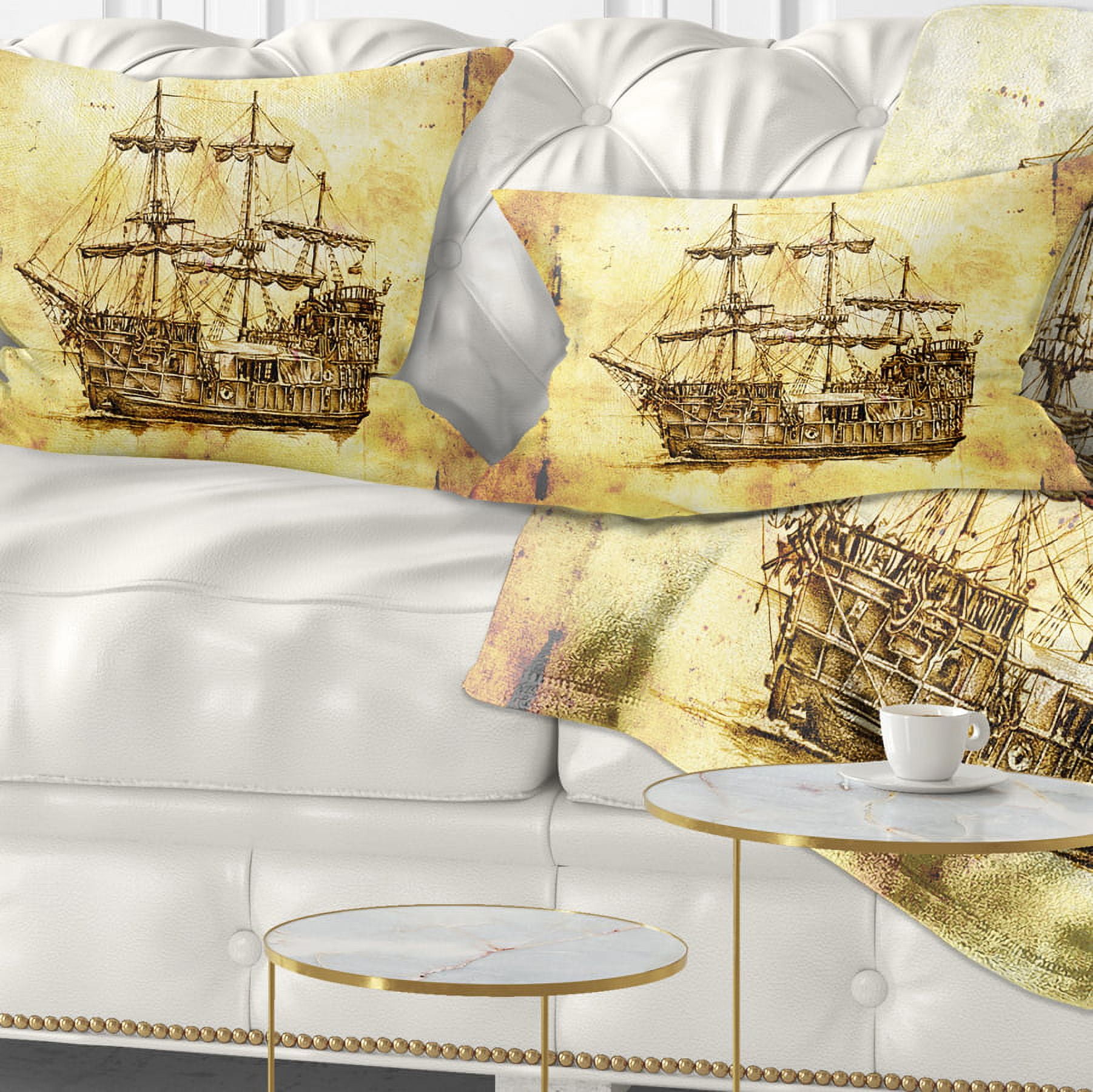 Designart Old Travelling Boat Drawing - Seashore Wall Throw Pillow - 12x20