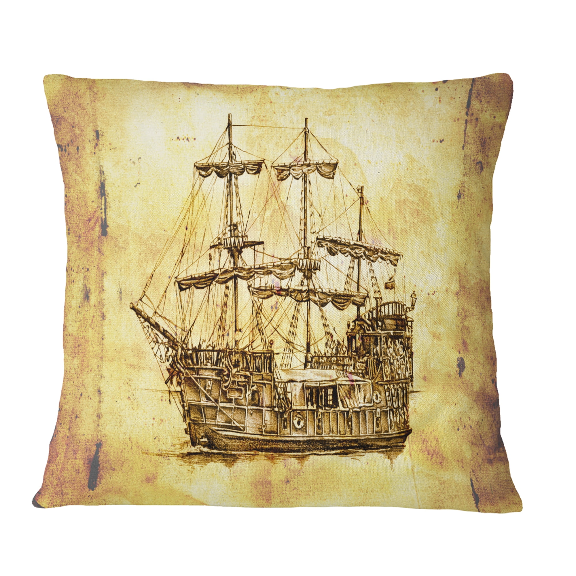 Designart Old Travelling Boat Drawing - Seashore Wall Throw Pillow - 16x16