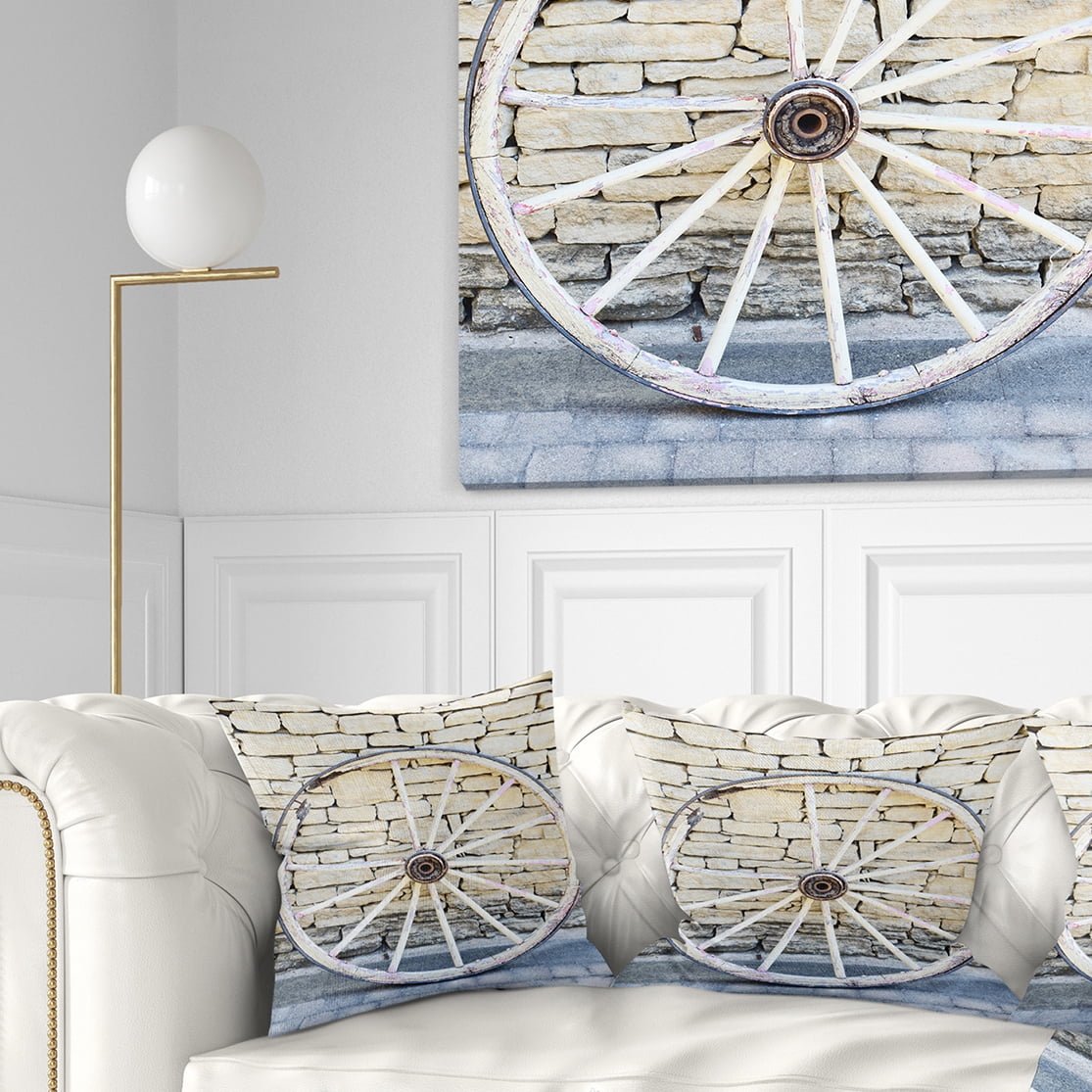 Designart Old Vintage Broken Wood Wheel - Landscape Printed Throw Pillow - 16x16