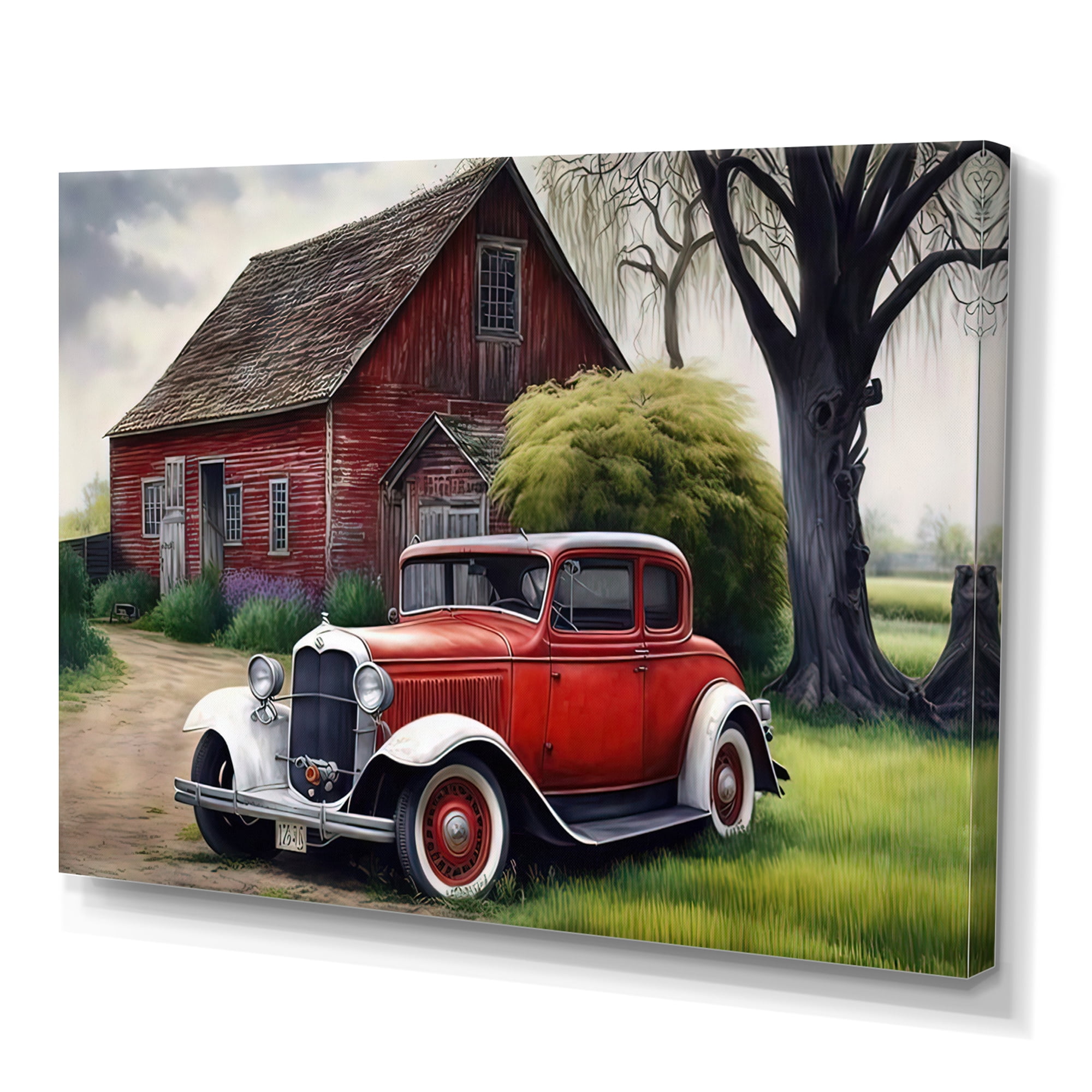 Designart Old Vintage Car At The Barn Canvas Wall Art