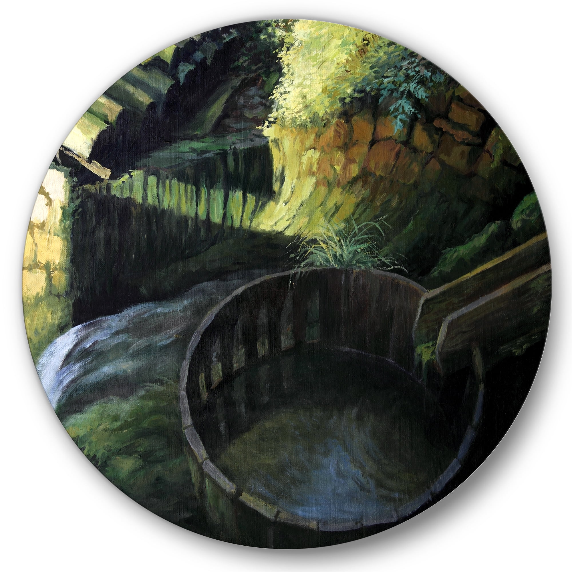 Designart 'Old Watermill In Green Nature Landscape' Lake House Circle Metal Wall Art 29x29 - Disc of 29