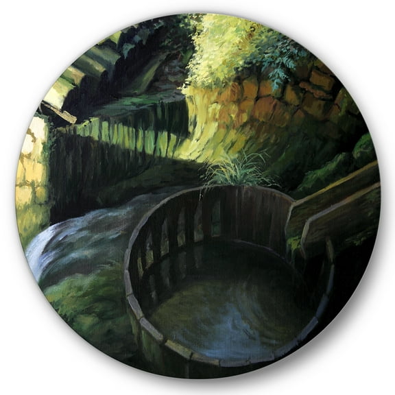 Designart 'Old Watermill In Green Nature Landscape' Lake House Circle Metal Wall Art 36x36 - Disc of 36