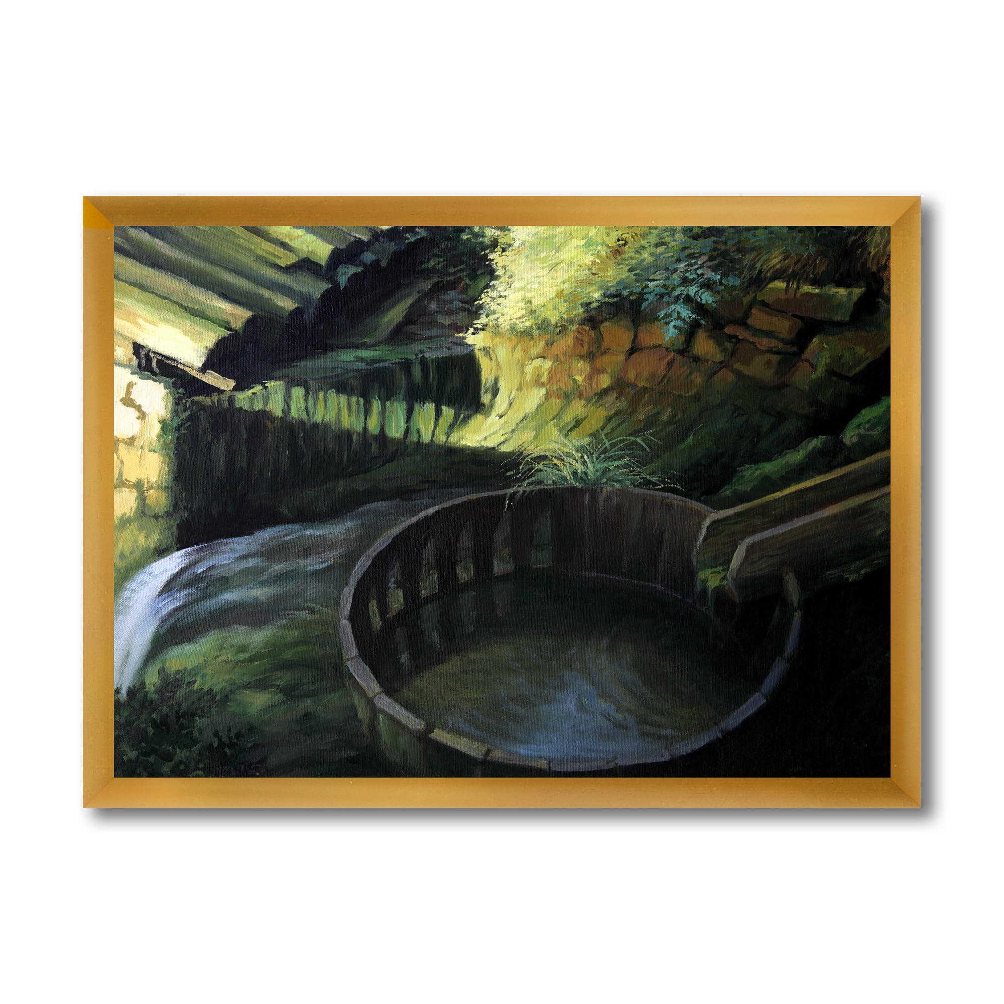 Designart 'Old Watermill In Green Nature Landscape' Lake House Framed Art Print