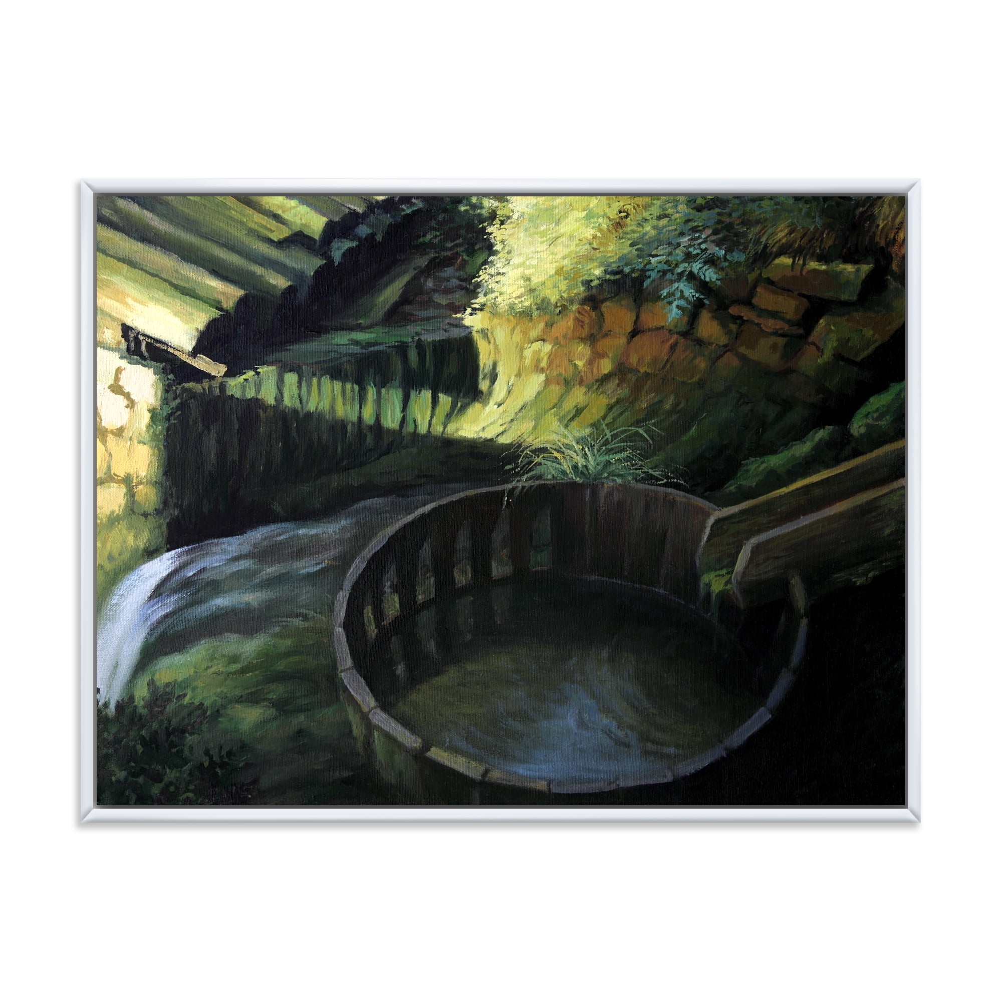 Designart 'Old Watermill In Green Nature Landscape' Lake House Framed Canvas Wall Art Print