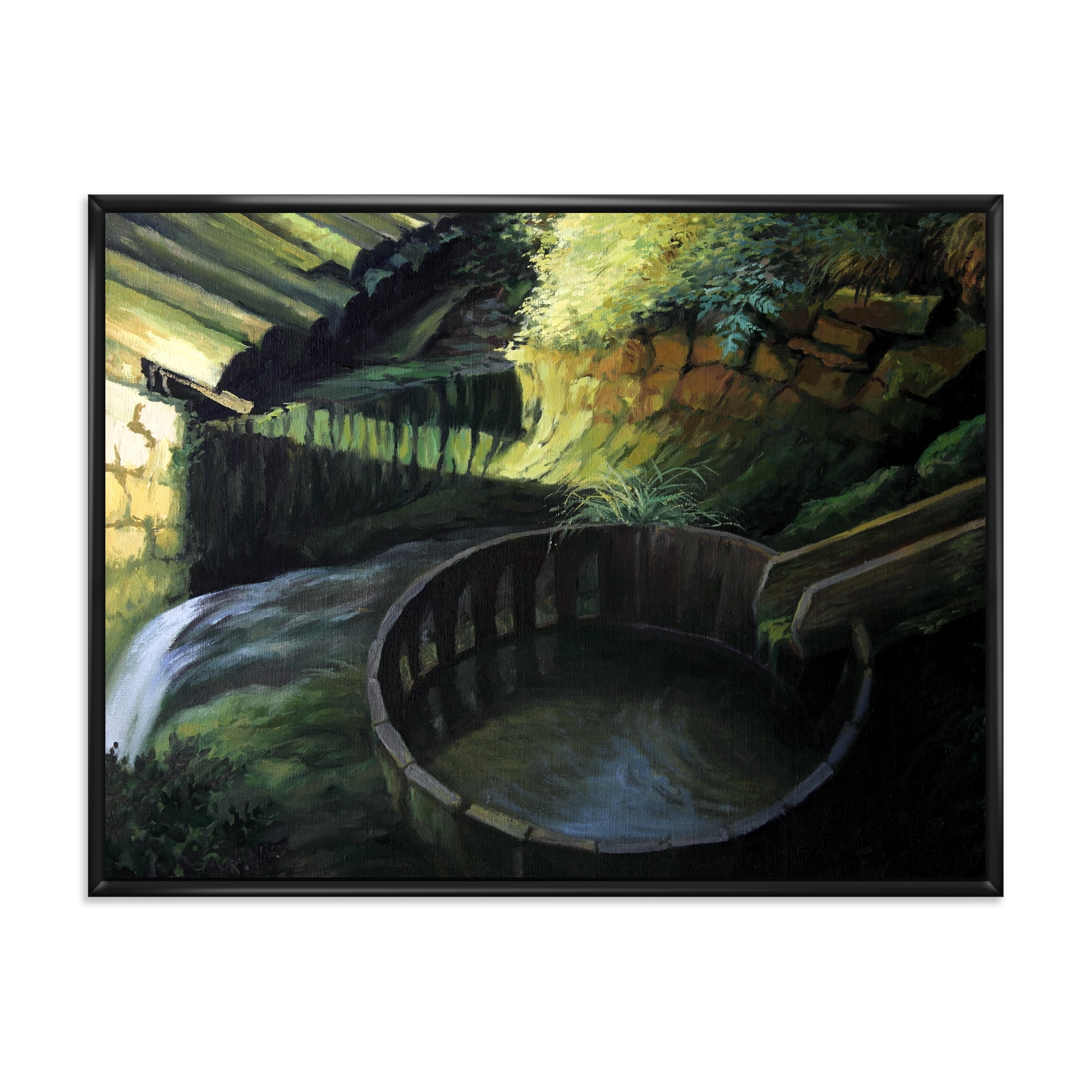 Designart 'Old Watermill In Green Nature Landscape' Lake House Framed Canvas Wall Art Print