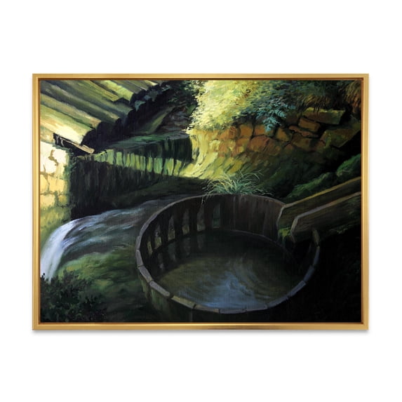 Designart 'Old Watermill In Green Nature Landscape' Lake House Framed Canvas Wall Art Print