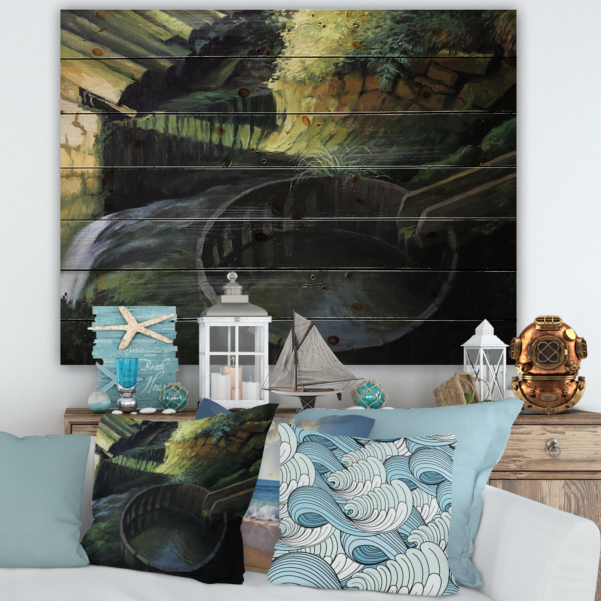 Designart 'Old Watermill In Green Nature Landscape' Lake House Print on Natural Pine Wood