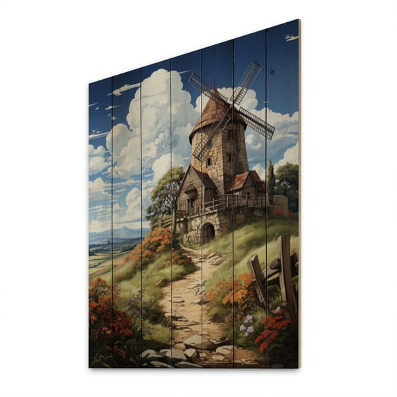 Designart "Old Windmill Countryside painting II" Landscape & Nature Print on Natural Pine Wood