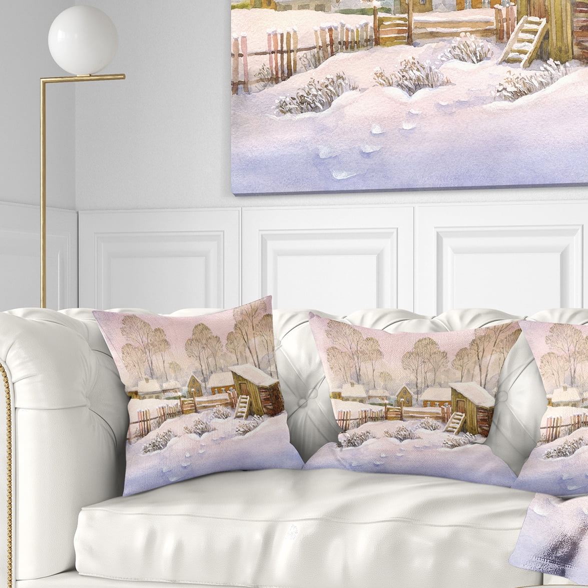 Designart Old Winter Village - Landscape Watercolor Throw Pillow - 16x16