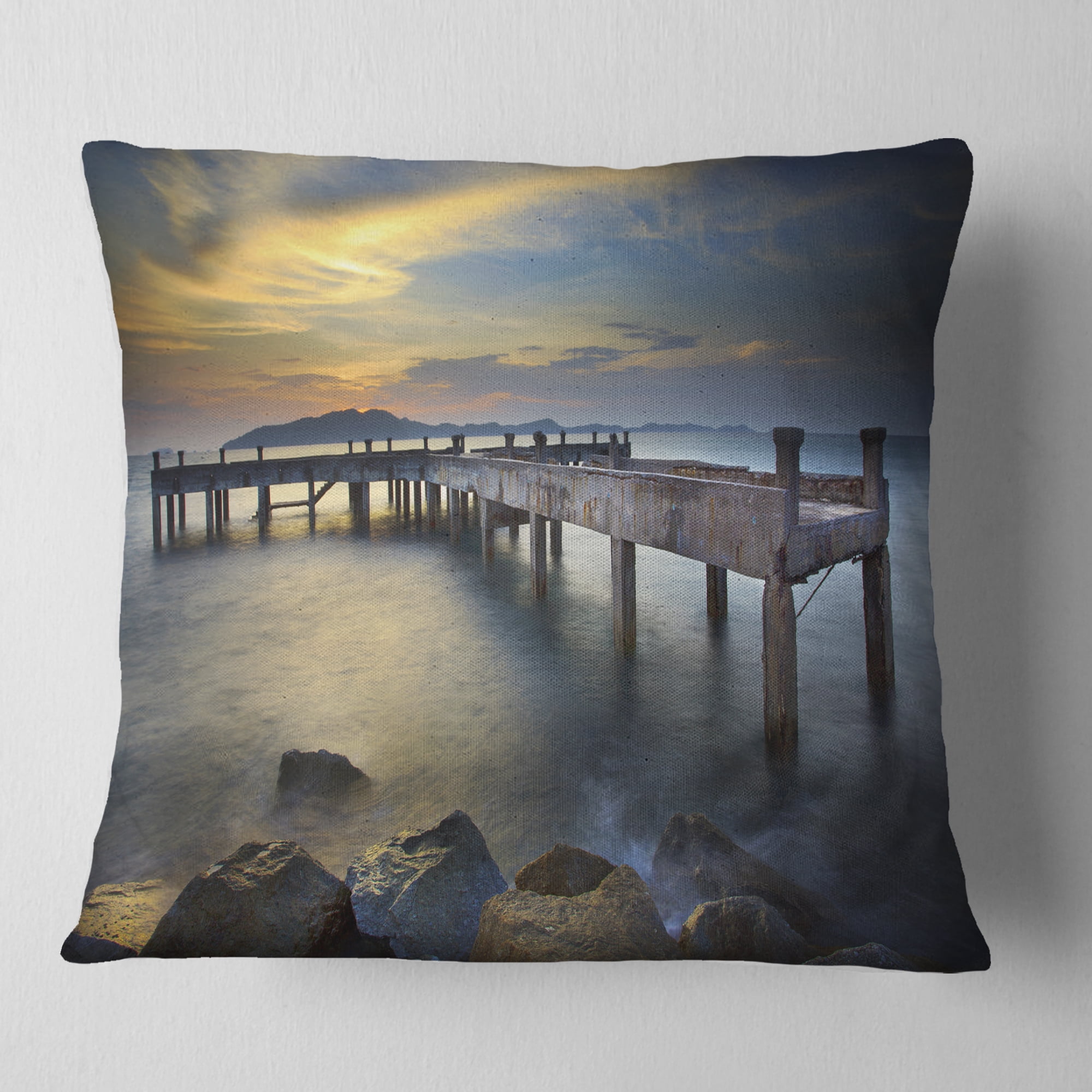 Designart Old Wood Boat Jetty into Blue Sea - Sea Bridge Throw Pillow - 16x16