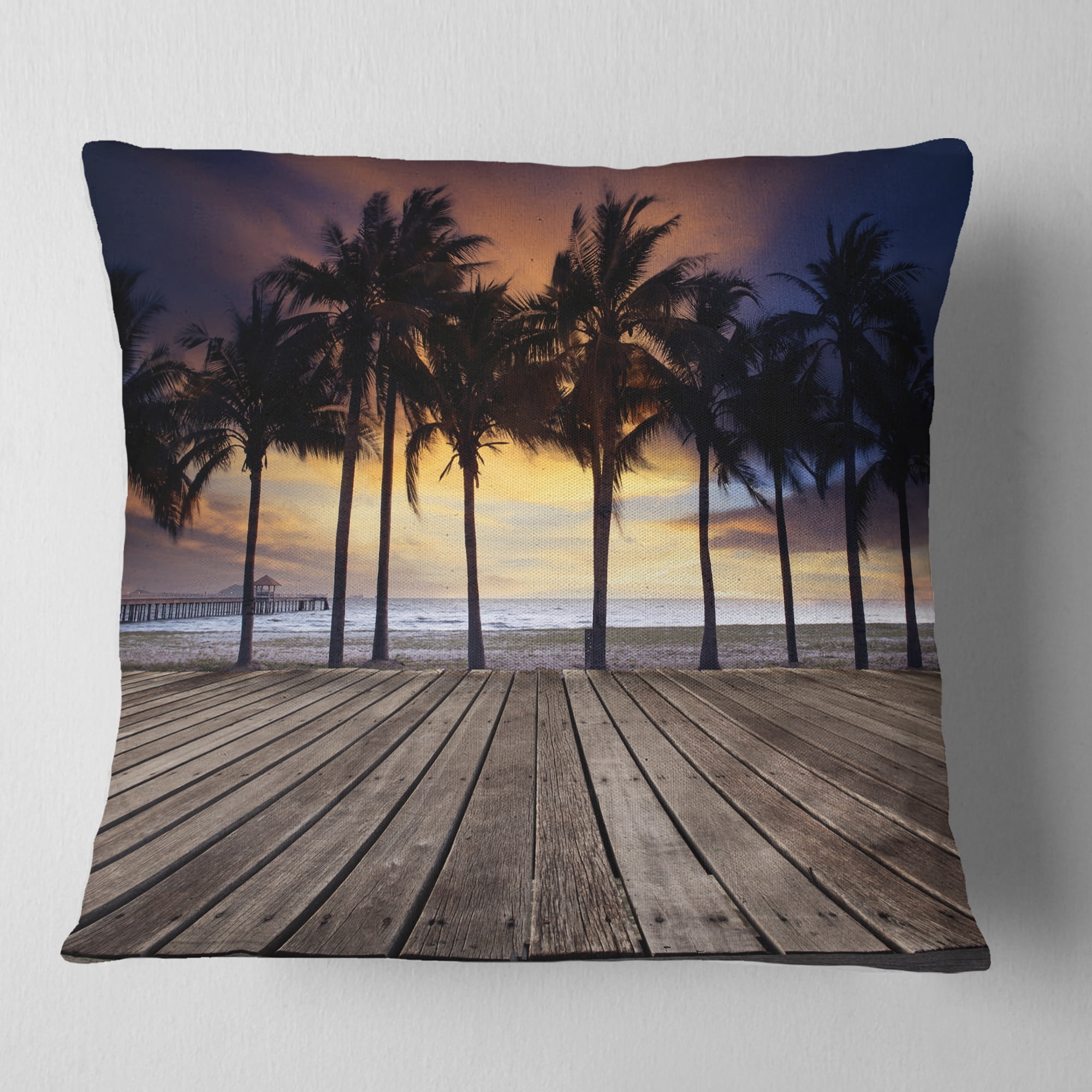 Designart Old Wood Terrace on Sea Beach - Modern Landscape Printed Throw Pillow - 16x16