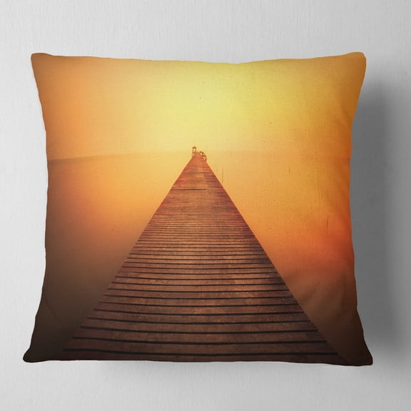 Designart Old Wooden Bridge into Infinity Sea - Pier Seascape Throw Pillow - 18x18