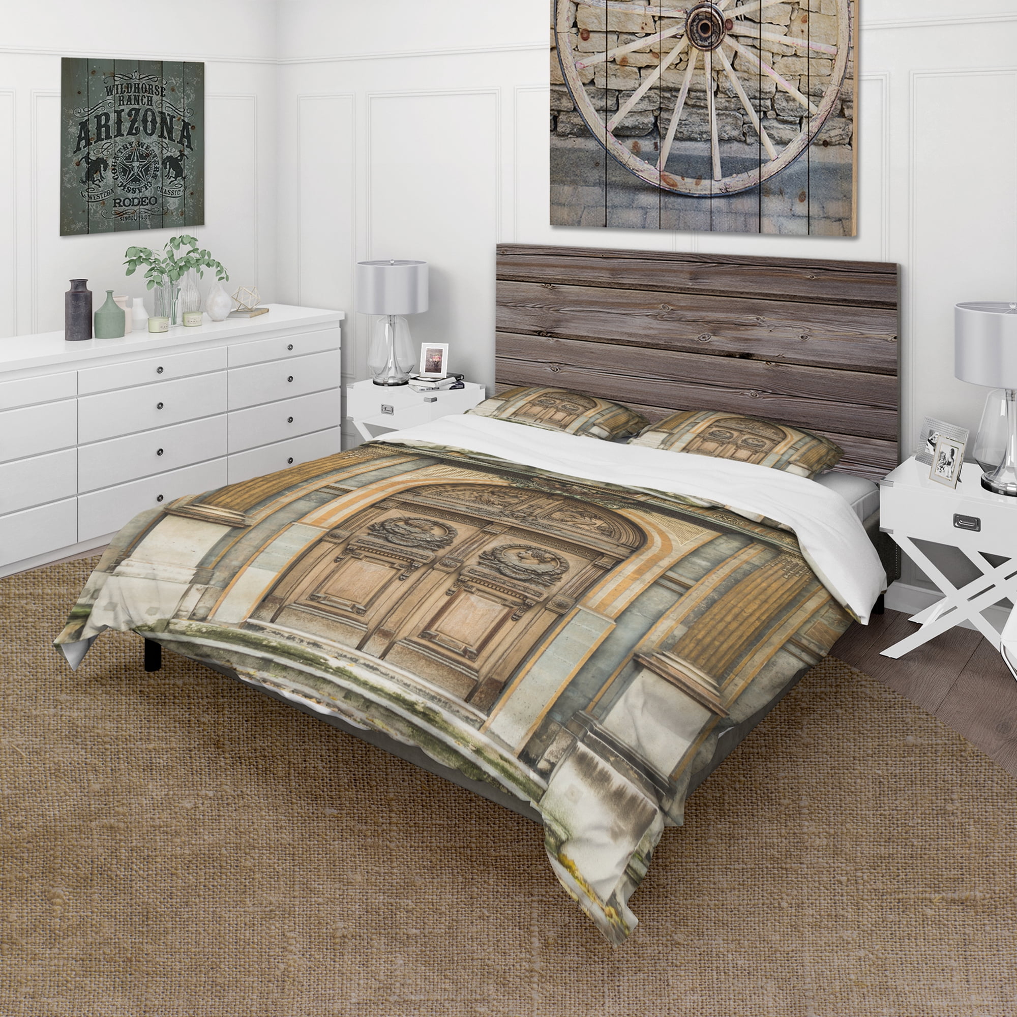 Designart 'Old Wooden Door With Carvings in Paris, France' Vintage Duvet Cover Set