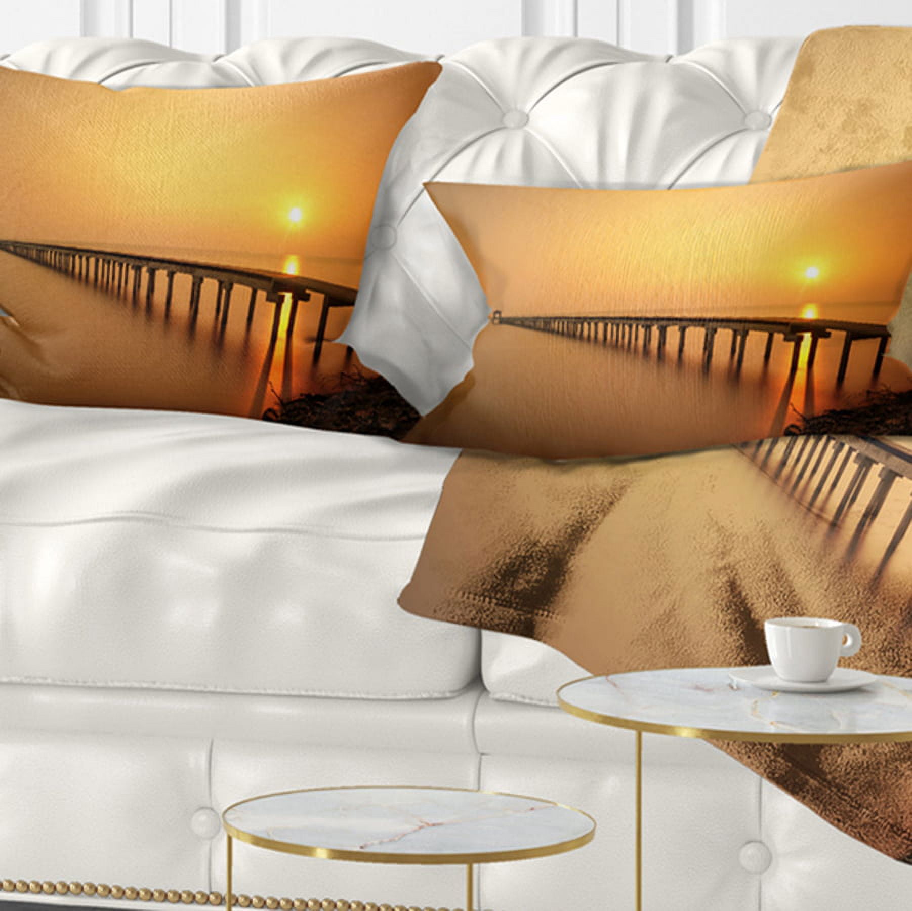 Designart Old Wooden Pier Long to Evening Sea - Pier Seascape Throw Pillow - 12x20