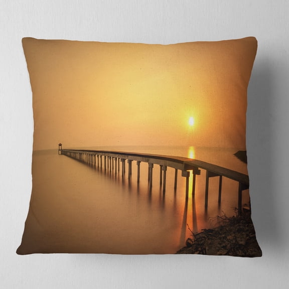 Designart Old Wooden Pier Long to Evening Sea - Pier Seascape Throw Pillow - 16x16