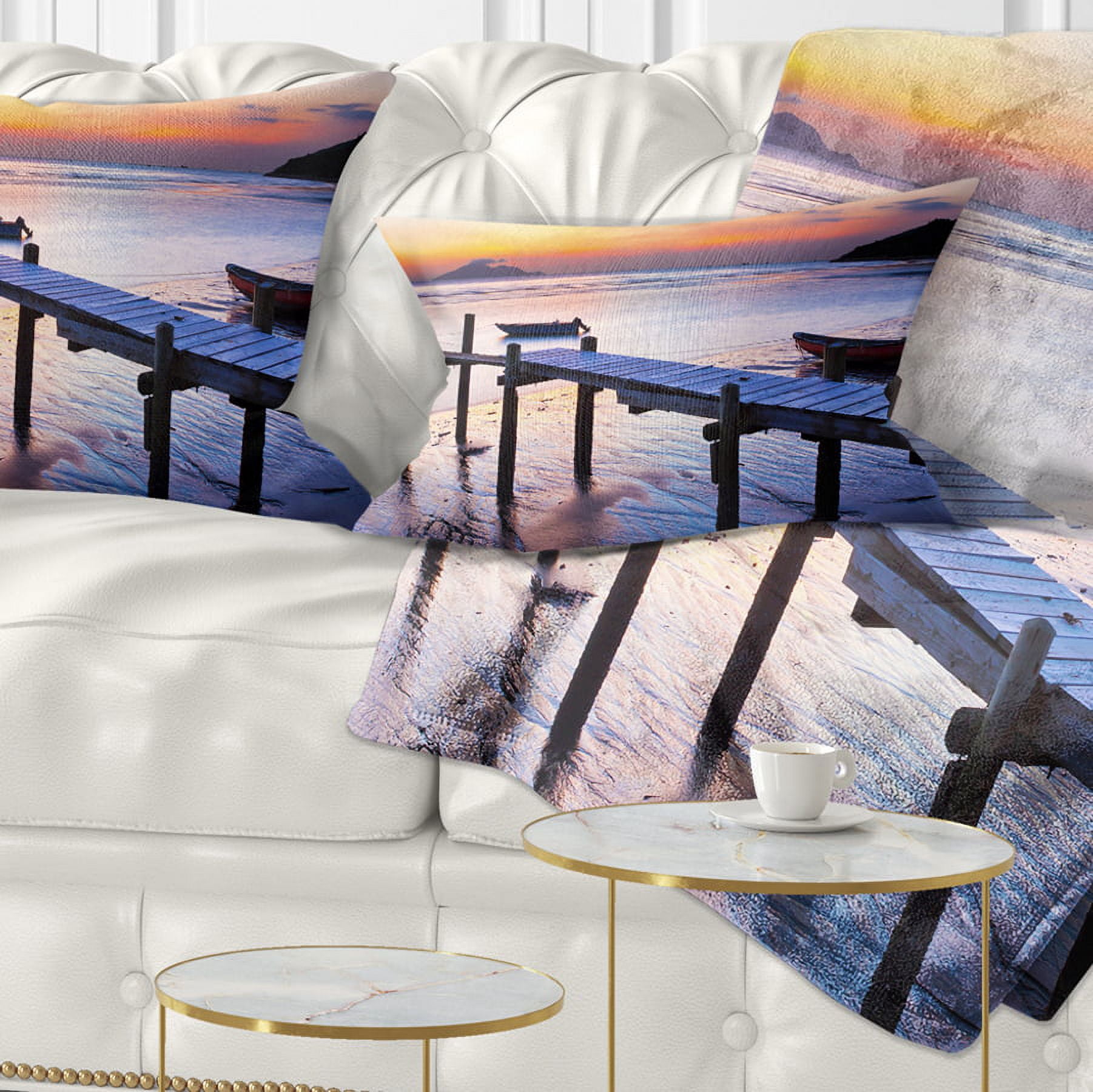 Designart Old Wooden Pier at Sunset - Seascape Throw Pillow - 12x20