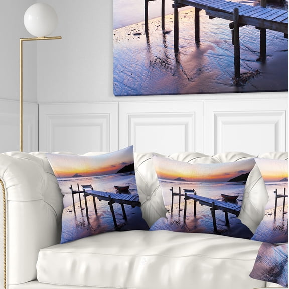 Designart Old Wooden Pier at Sunset - Seascape Throw Pillow - 16x16