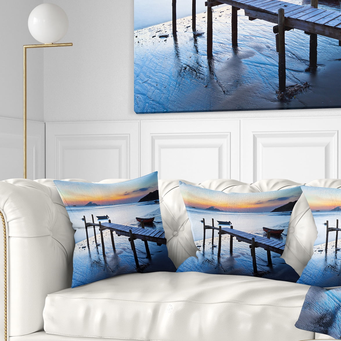 Designart Old Wooden Pier in Bright Sea - Seascape Throw Pillow - 18x18