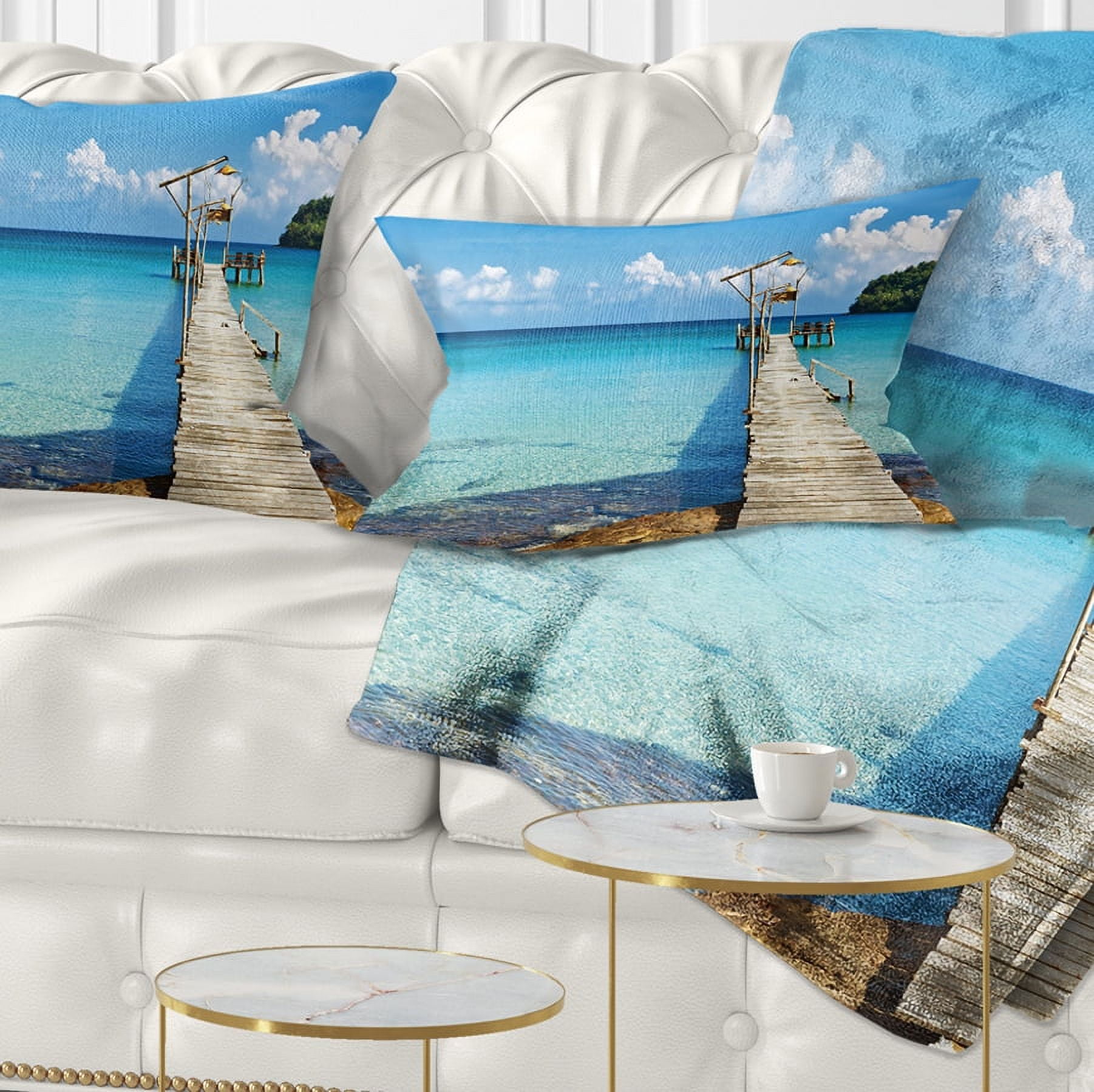 Designart Old Wooden Pier in Sea - Seascape Throw Pillow - 12x20