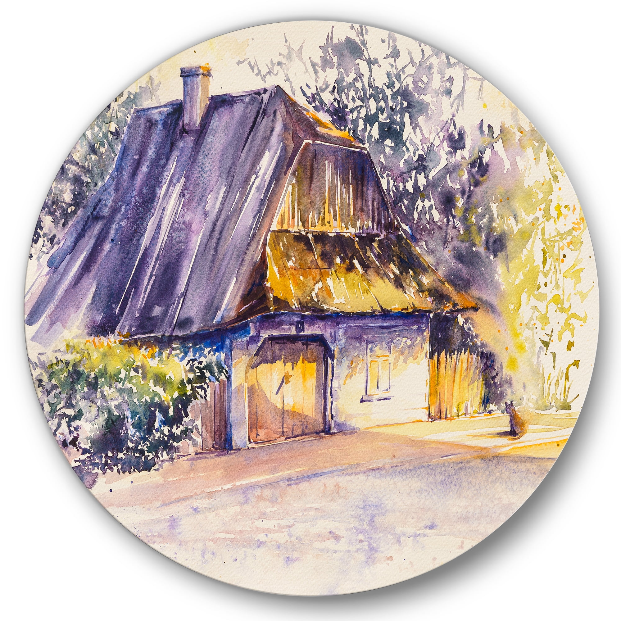 Designart 'Old Wooden White House In Country Side Village During Afternoon Glow' Traditional Circle Metal Wall Art 29x29 - Disc of 29
