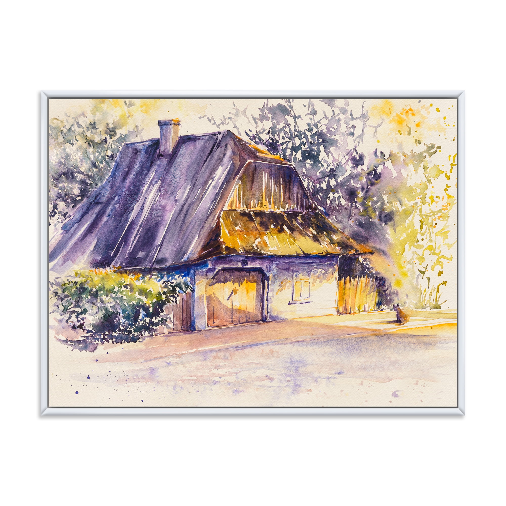 Designart 'Old Wooden White House In Country Side Village During Afternoon Glow' Traditional Framed Canvas Wall Art Print
