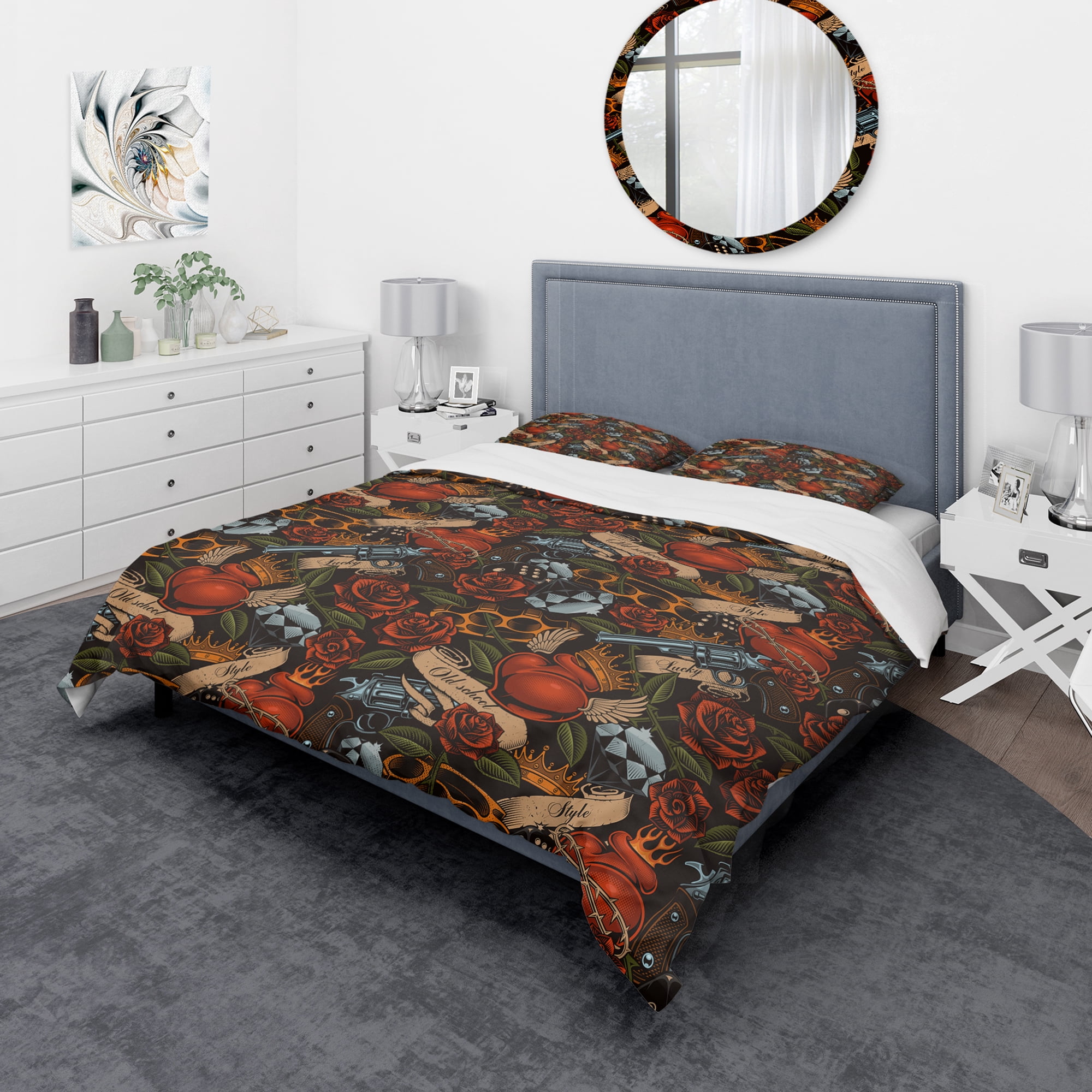 Designart 'Old school tattoo pattern' Floral Duvet Cover Set
