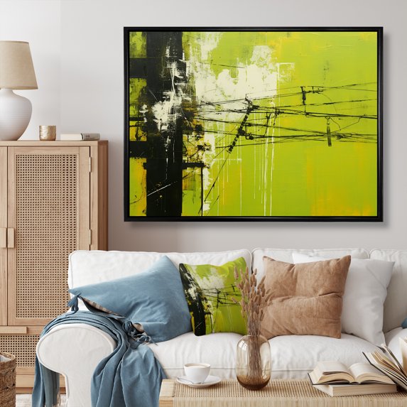 Designart "Olive Order In Minimalist Power Lines I" Power Lines Floater Framed Canvas Art Print