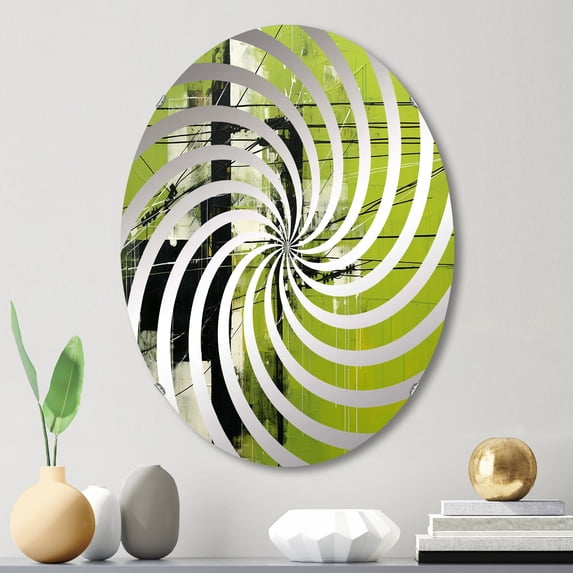 Designart "Olive Order in Minimalist Power Lines" Power Lines Vortex Round Wall Mirror - Architecture Oval Printed Decorative Mirror - Multiple Color Options
