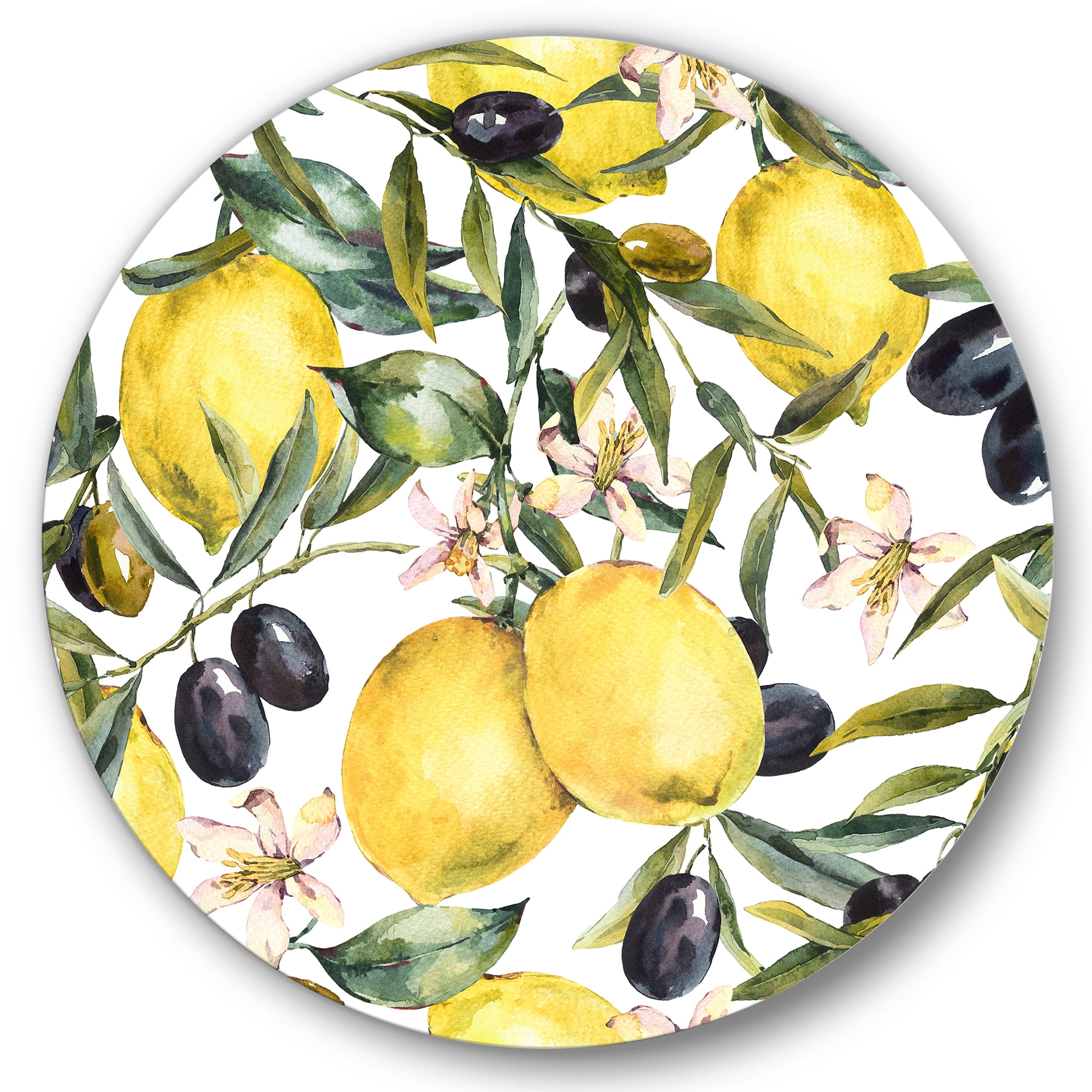 Designart 'Olive and Lemon Branches I' Tropical Circle Metal Wall Art 36x36 - Disc of 36
