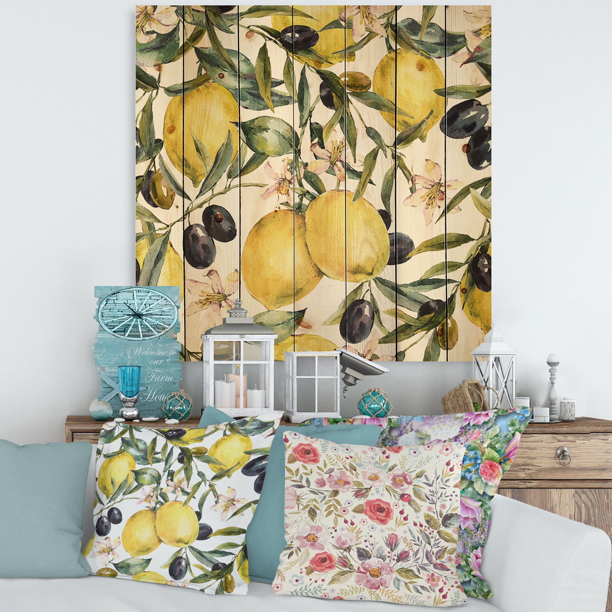 Designart 'Olive and Lemon Branches I' Tropical Print on Natural Pine Wood