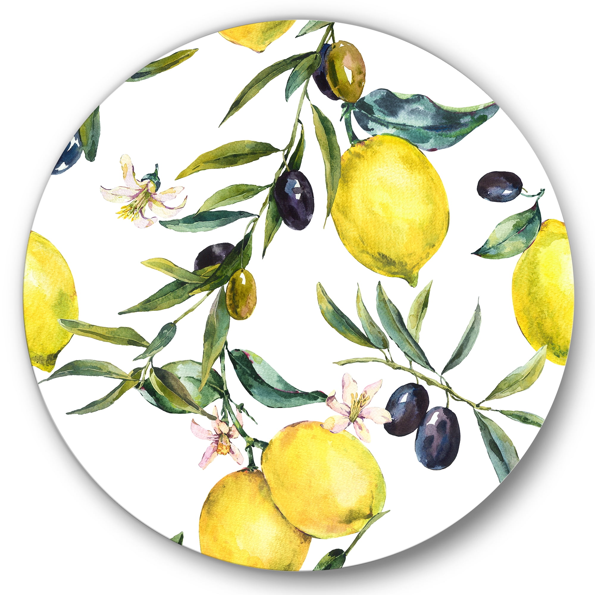 Designart 'Olive and Lemon Branches II' Tropical Circle Metal Wall Art 11x11 - Disc of 11